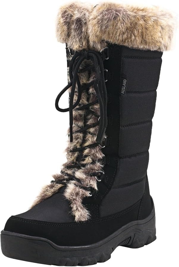 Amazon.com | AUSLAND Women's Black Winter Snow Boots Twin Peaks Fur Cuff Mid-Calf Waterproof Lace Up Boots E7623 8US/39EU | Snow Boots thumbnail