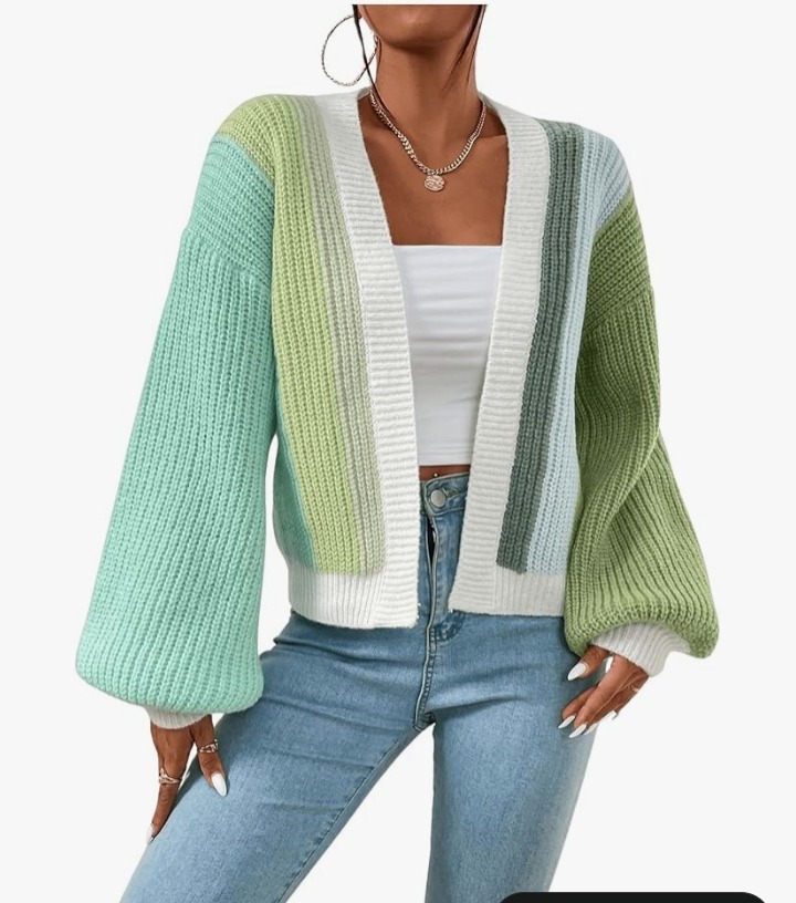 SHENHE Women's Color Block Open Front Long Sleeve Ribbed Knit Cropped Cardigan Sweaters 50+ bought in past month thumbnail