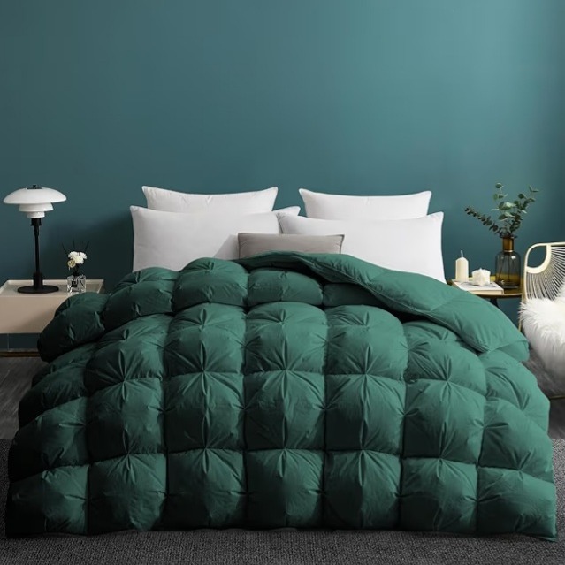 UNIKOME Pinch Pleat Goose Feather Down Comforter - 20% Extra Fill, 90oz, All Season Duvet Insert with 100% Cotton Cover, Cloud-Like Fluffiness (Green, Queen/Full, 90"X90") thumbnail