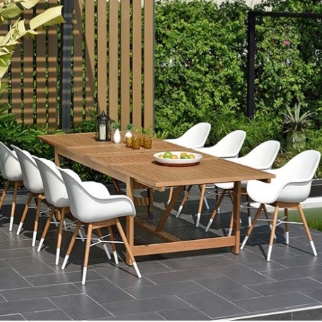 Brampton 9 Piece Outdoor Eucalyptus Extendable Dining Set | Perfect for Patio | White Chairs with Arms and Teak Finish thumbnail