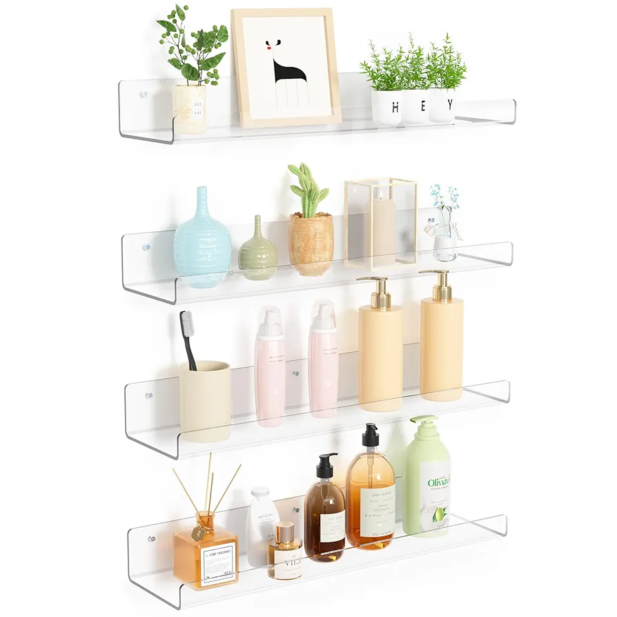 4.74.7 out of 5 stars(7,676)  upsimples 4 Pack Acrylic Shelves for Wall Storage, 15" Floating Bookshelves for Kids, Display Shelf Organizer for Bathroom, Bedroom, Living Room, Kitchen, Room Decor, Clear  Amazon's Choice  10K+ bought&nbsp;in past month thumbnail