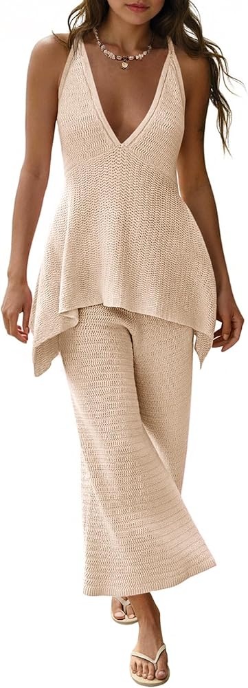 Tankaneo Womens 2 Piece Knit Sets Summer Vacation Outfits Deep V Neck Flowy Tank Tops Wide Leg Pants Sweater Matching Sets thumbnail