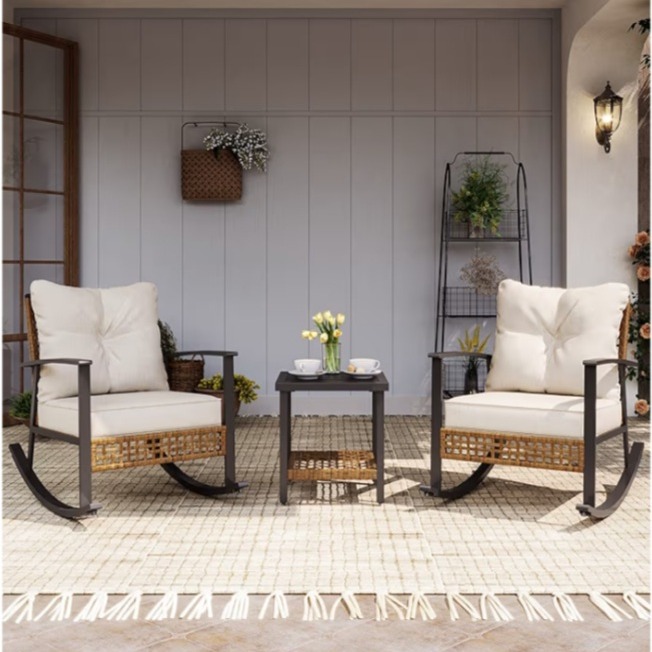 LAUSAINT HOME 3-Piece Rocking Bistro Set, Outdoor Patio Furniture with Thick Cushions and 2-Tier Coffee Table, Oversize Rattan Conversation Set for Garden, Balcony, Backyard (Beige) Amazon's Choice 400+ bought in past month thumbnail