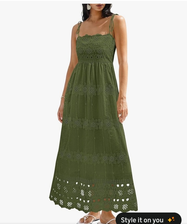 dowerme Womens Summer Maxi Dresses 2026 Casual Spaghetti Strap Smocked Eyelet Cotton Dress Long Beach Vacation Sundress thumbnail