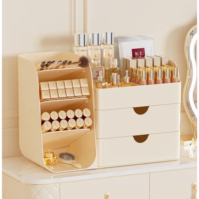 Makeup Organizer with Drawers,Large Capacity Countertop Organizer for Vanity,Bathroom and Bedroom Desk Cosmetics Organizer,Easy To Storage Skincare,Brushes, Eyeshadow,Lipstick (All Cream, Large) 200+ bought in past month thumbnail