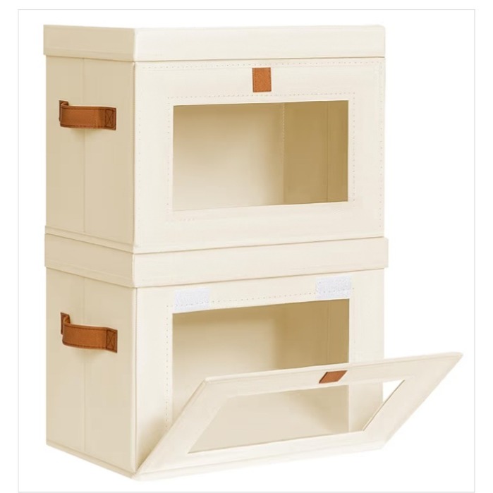 Small Fabric Storage bins - Collapsible Storage Bins with Open Window, 2 Pack Closet Baskets for Shelves, Stackable Decorative Boxes for Home, Dorm, Beige, 13.7"x 9.8"x 9.8" thumbnail