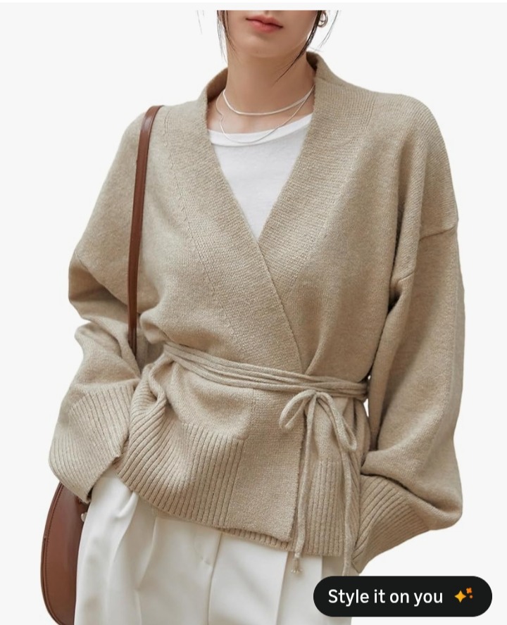 WDIRARA Women's Wrap V Neck Long Sleeve Tie Front Belted Cardigan Casual Sweater thumbnail