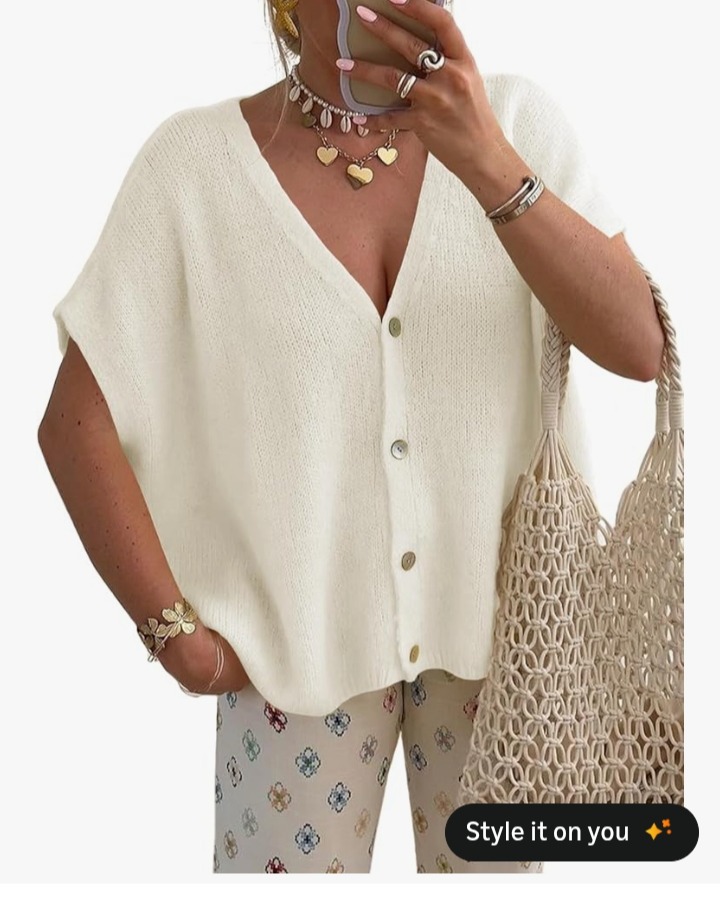 Saodimallsu Womens Spring Oversized Cardigans Batwing Short Sleeve Lightweight Button V Neck Casual Knit Sweater Tops White at Amazon Women’s Clothing store thumbnail