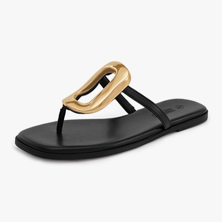 Rihero Flip Flops for Women Comfortable Square Toe Flat Sandals Slip On Summer Beach Slide Sandals with Metal Decoration thumbnail