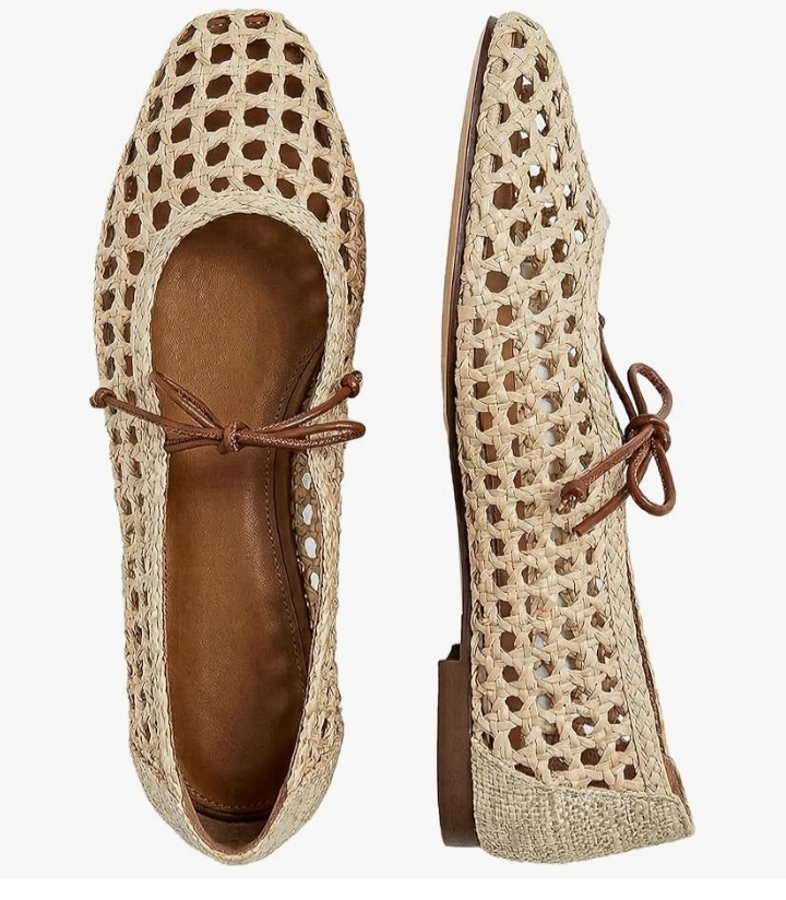 Women Woven Mesh Ballet Flats Raffia Lace up Ballerina Mary Jane Flats Fashion Casual Slip on Shoes thumbnail