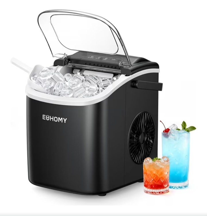EUHOMY Countertop Ice Maker Machine with Handle, 26lbs in 24Hrs, 9 Ice Cubes Ready in 6 Mins, Auto-Cleaning Portable Ice Maker with Basket and Scoop, for Home/Kitchen/Camping/RV. (Black)  Amazon's Choice  &nbsp;1 sustainability feature&nbsp;  10K+ bought&nbsp;in past month thumbnail