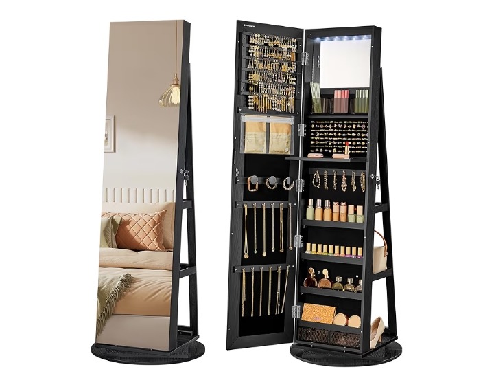 SONGMICS 6 LEDs Lockable Mirror Jewelry Cabinet, 360° Swivel Jewelry Organizer Armoire Standing, Frameless Full-Length Mirror, 3 Storage Shelves, Black Surface, Black Lining UJJC007B01 200+ bought in past month thumbnail