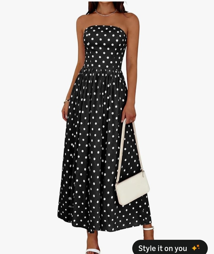 Wenrine Womens Polka Dot Strapless Dress Summer Smocked Tube Top Casual Sleeveless Swing Flowy Maxi Dresses with Pockets  &nbsp;3 sustainability features&nbsp; thumbnail