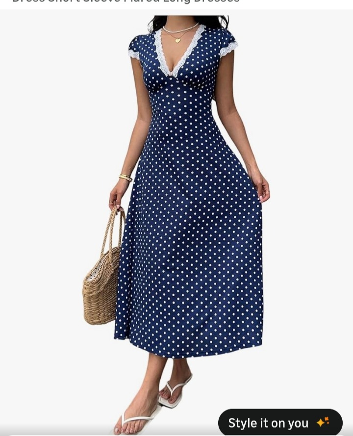 Milumia Women's Polka Dots Lace Trim Deep V Neck Dress Short Sleeve Flared Long Dresses thumbnail