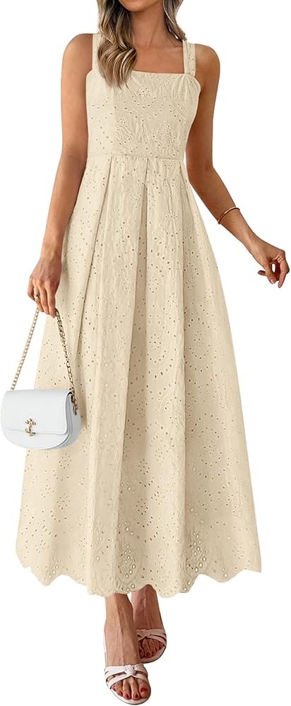 PRETTYGARDEN Womens Sleeveless Maxi Summer Dresses 2026 Hollow Out Eyelet Square Neck Ruffle Flowy Beach Vacation Sundress (Beige,Small) at Amazon Women’s Clothing store thumbnail