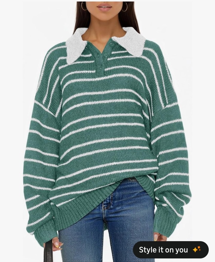 Saodimallsu Womens Striped Swaters Button Collared Polo Shirts Oversized Long Sleeve Chunky Knit Trendy Pullover Tops thumbnail