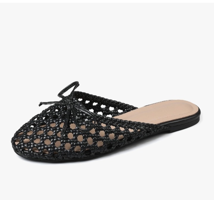 Synchoiss Woven Flat Sandals for Women Slip on Mesh Flats with Bow Knot Decoration Round Toe Espadrilles Slides Summer Mules Trendy thumbnail