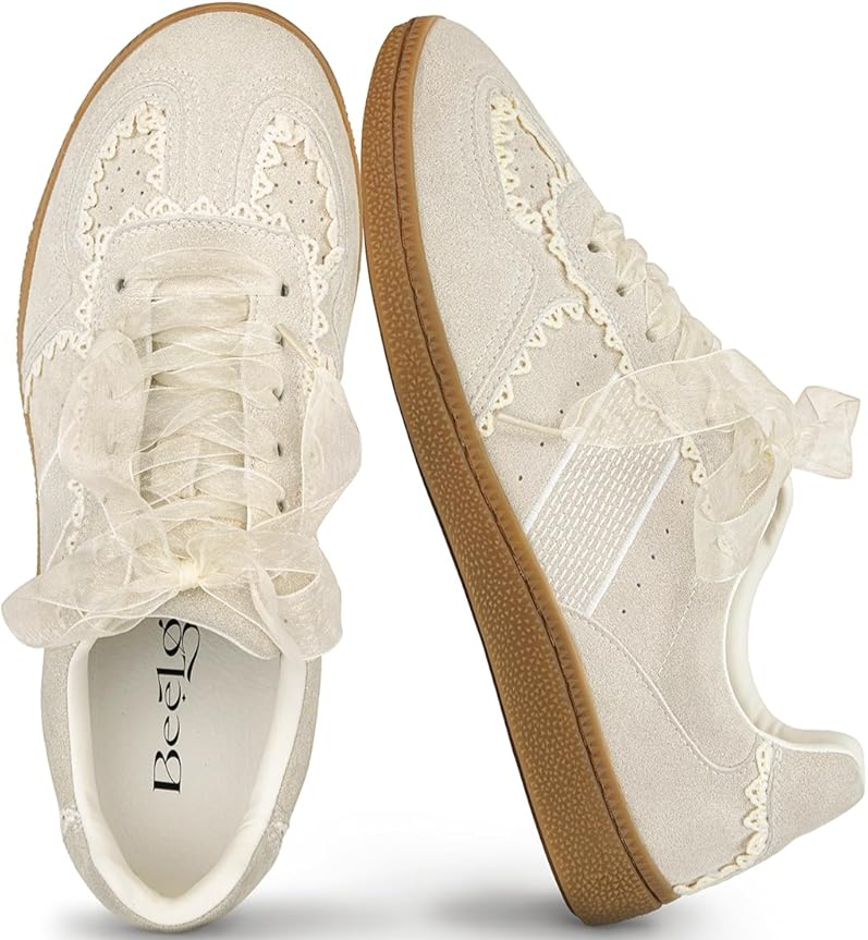 Amazon.com | BeeLg Lace Detail Casual Sneakers for Women – Elegant Ribbon Lace Fashion Sneakers with Sued Leather Upper Memory Foam Insole Trendy Casual Shoes for Daily Outfits Beige | Fashion Sneakers thumbnail