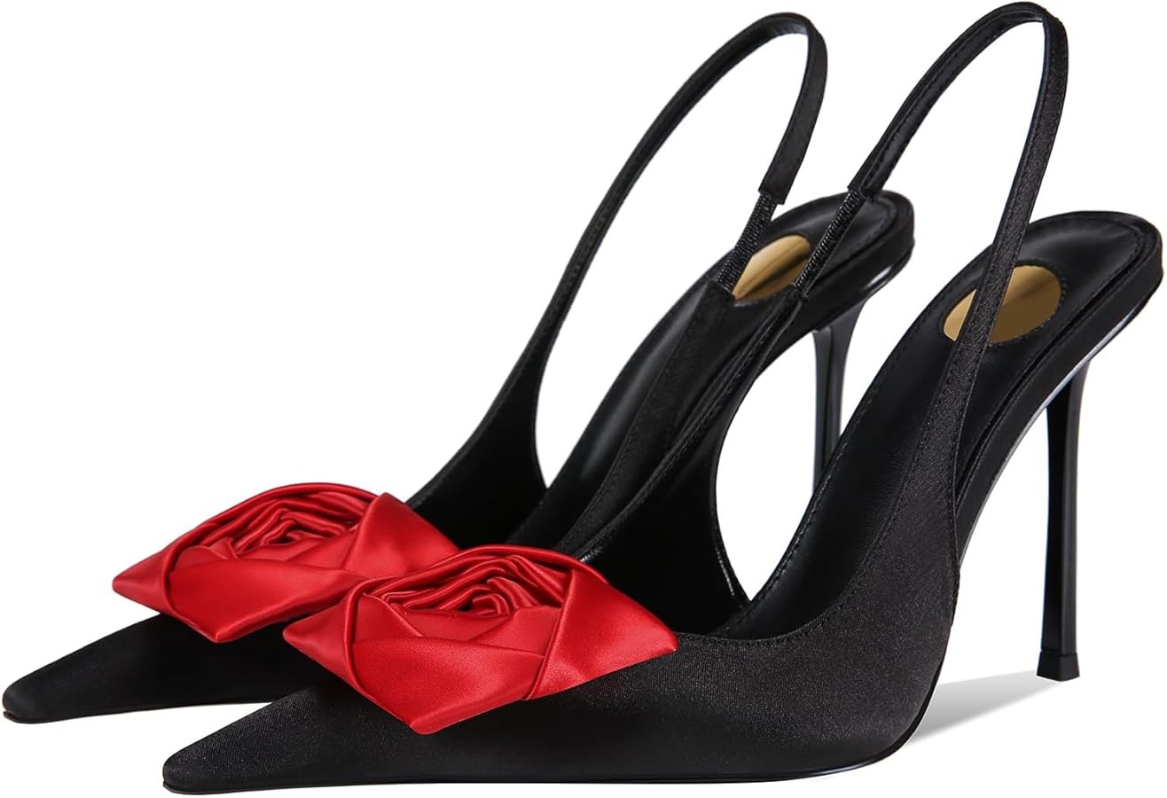 Amazon.com | CAGLGLZ Flower High Heels for Women Closed Pointed Toe Stilettos Heel Pumps Slip On Elastic Ankle Strap Slingbacks Fashion Party Dressy Ladies Sandals Shoes(Black,6.5) | Heeled Sandals thumbnail