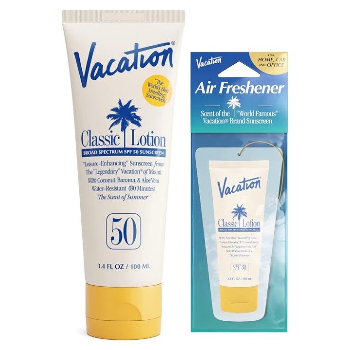 Amazon.com: Vacation Classic Sunscreen Lotion SPF 50 & Air Freshener Bundle, Water-Resistant, Lightweight, Transparent on All Skin Tones, Dermatologist-Tested, Vegan, Travel Size, 3.4 Fl. Oz. : Beauty & Personal Care thumbnail