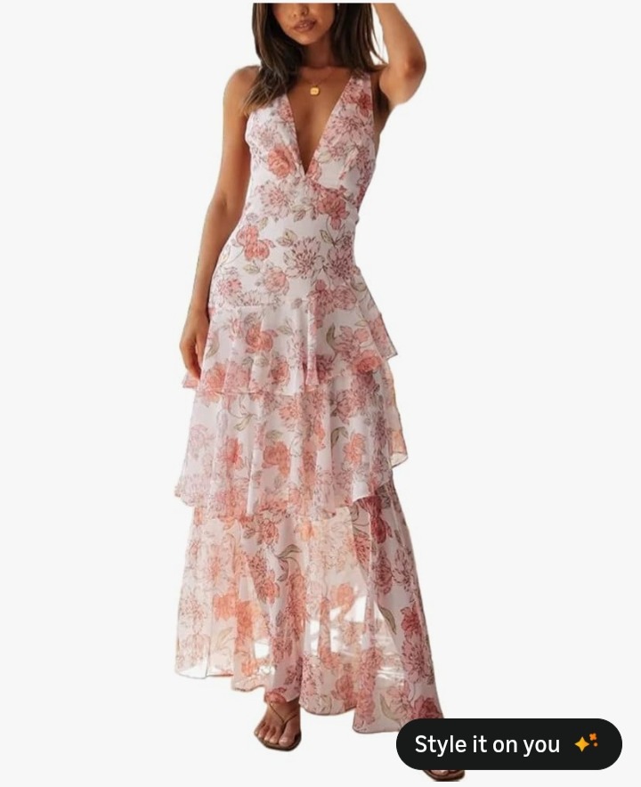 Women's Floral Maxi Dress Sexy Deep V Neck Backless Ruffles Dresses Beach Party Wedding Guest Dress thumbnail