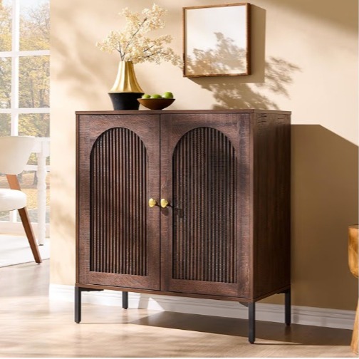 Modern Buffet Cabinet with Storage, 34" Tall Fluted Arched Sideboard Cabinet w/Adjustable Shelves, Wooden Modular Coffee Bar for Dining Room, Kitchen, Living Room, Entryway, Brown thumbnail