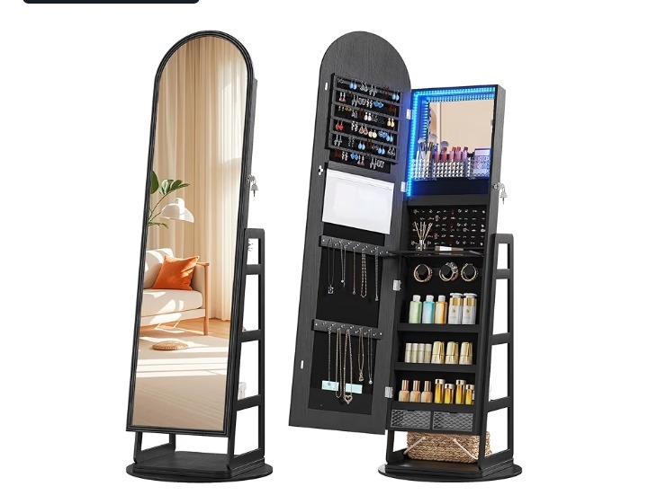 HWB Black Mirror Jewelry Cabinet with Storage, Arched Jewelry Armoire w/Full Length Mirror & 360° Swivel, Standing Jewelry Holder Organizer with Rear Storage Shelves & Hooks, Lockable Amazon's Choice thumbnail