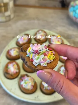 Deviled Easter egg cookies - love how easy these are to make 🪺🩵🌷#eastercookies #deviledcookies #easterdesserts #asmrvlog