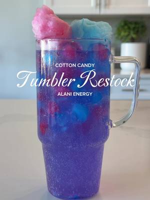 The new cotton candy Alani flavor is 🤤 daily tumbler cup restock 💖🧊🩵 #cottoncandyalani #alanienergy #tumblercup #glasstu
