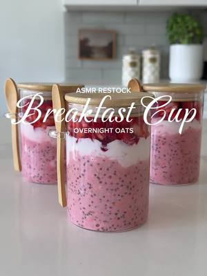 Breakfast cup restock featuring my favorite strawberries & cream overnight oat recipe 🍓🤍🍰 #berriesandcream #overnightoat
