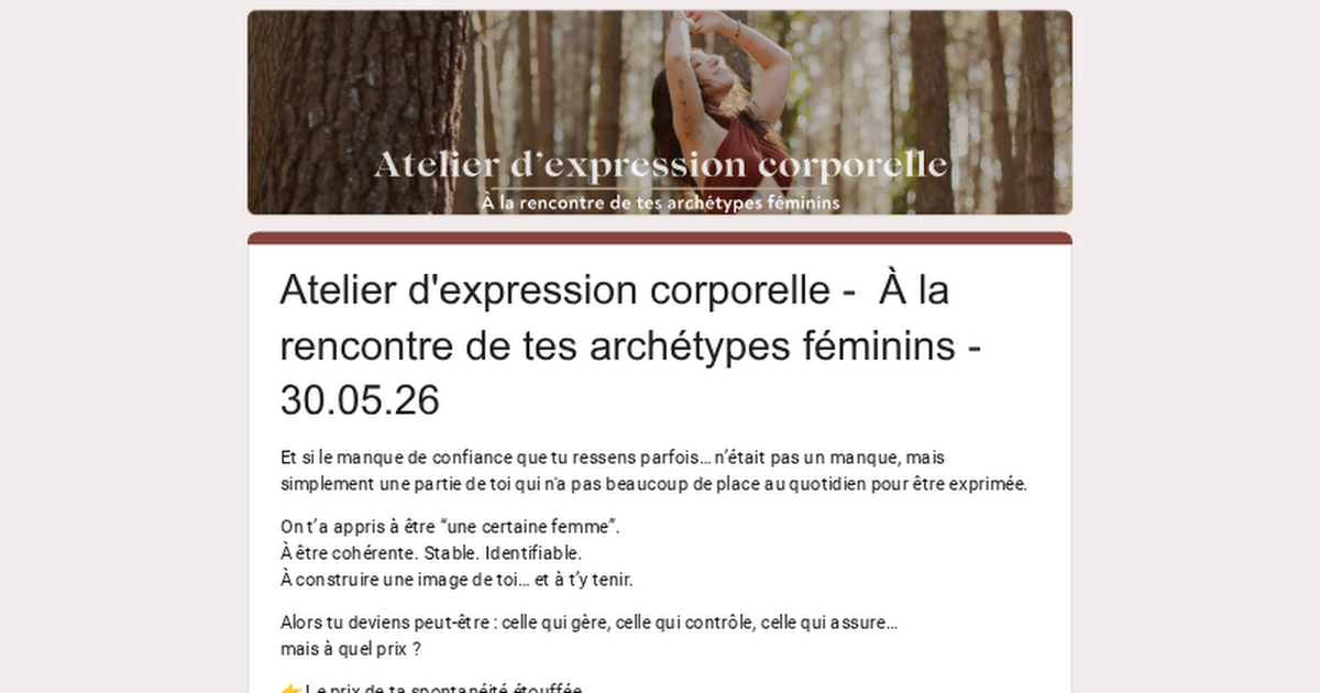 Atelier d'expression corporelle -  À la rencontre de tes archétypes féminins - 30.05.26 thumbnail