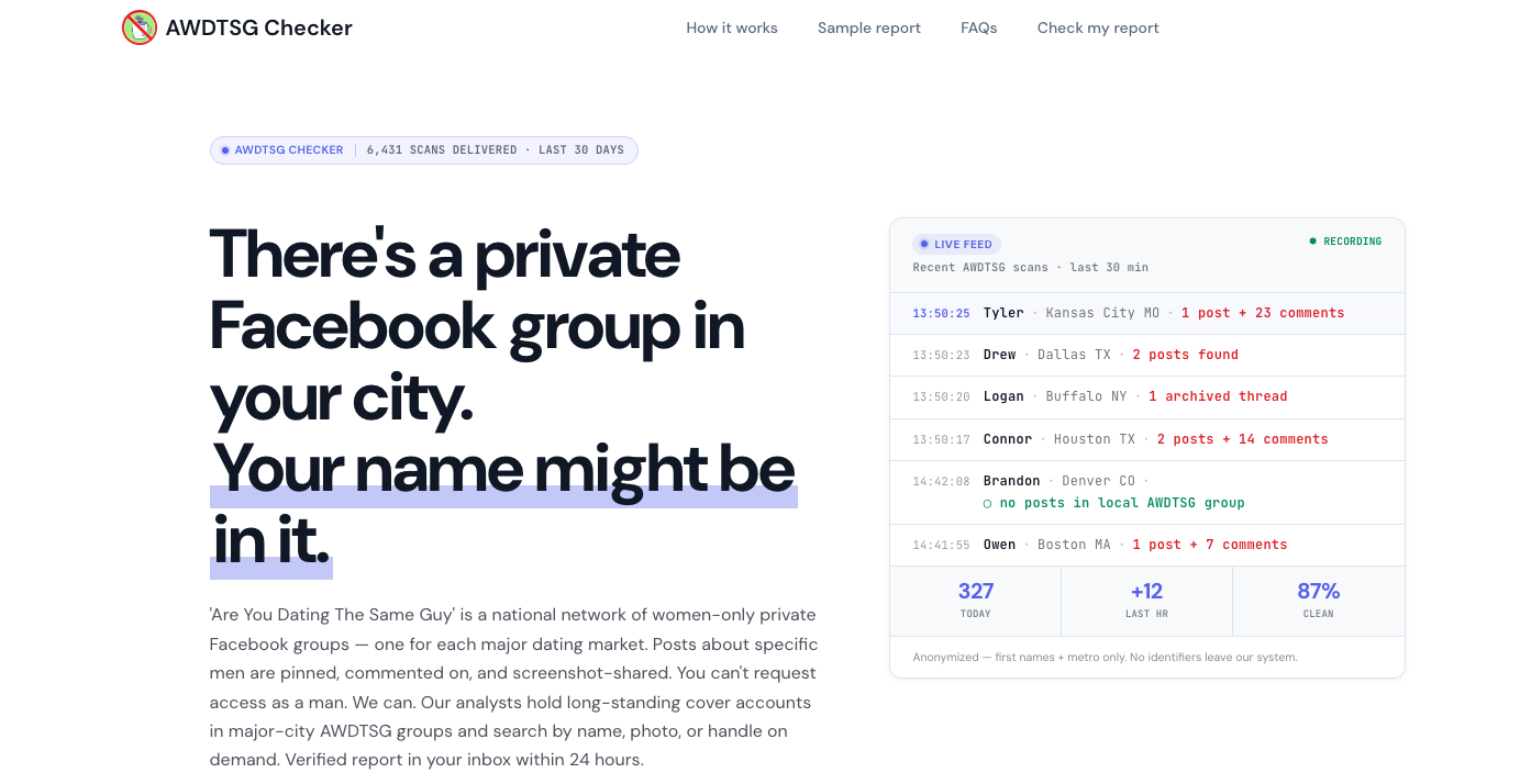 AWDTSG Checker — Are You Dating The Same Guy? Find out if you're posted in the local Facebook group thumbnail