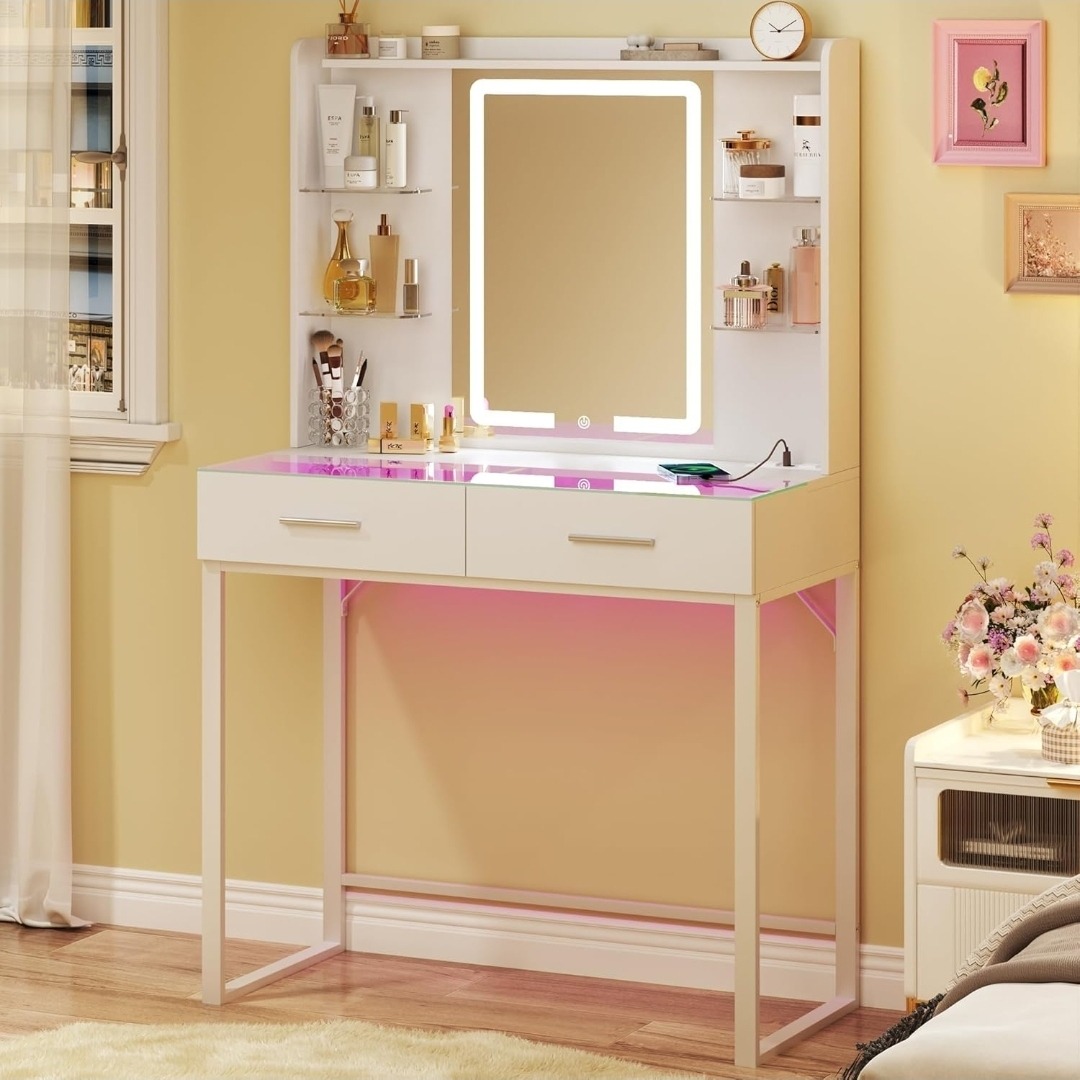 HUAHUU Vanity Desk with Mirror and LED Lights, 31" thumbnail