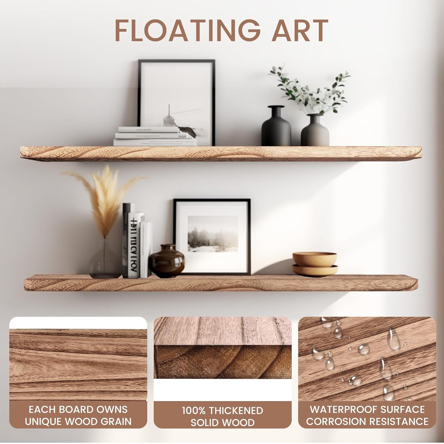 Floating Shelves 36 Inches Long, Set of 2 Rustic Wood Wall Mounted Shelves, Wall Picture Ledge Shelf with Invisible Metal Brackets for Living Room, thumbnail