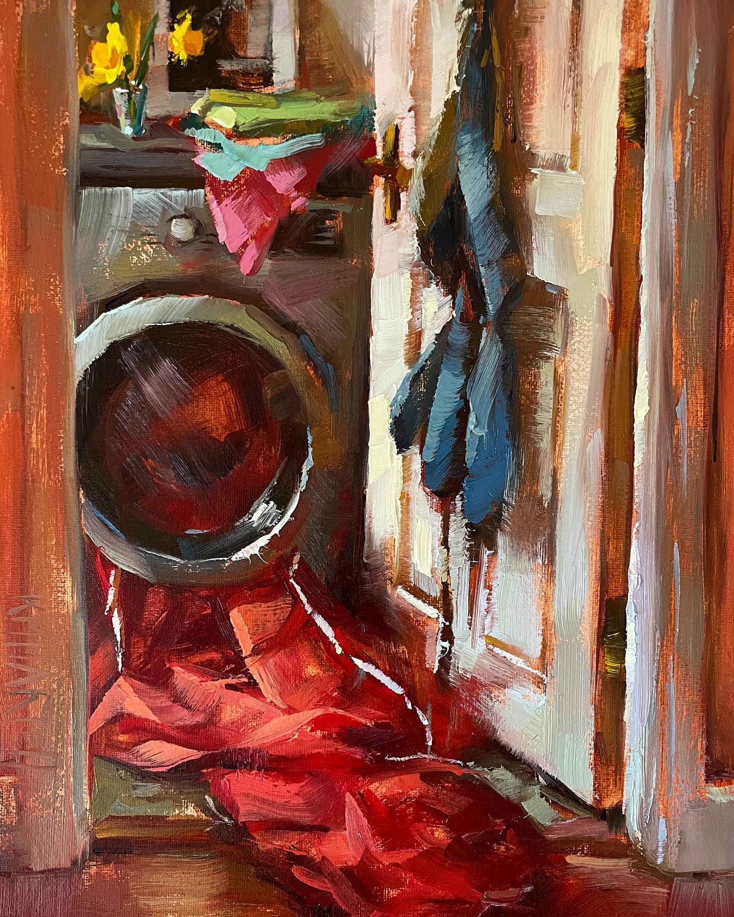 “Daffodils and Laundry” - 20x25cm - oil on canvas. A favourite composition of mine, now with daffodils! 
Fun fact: I was