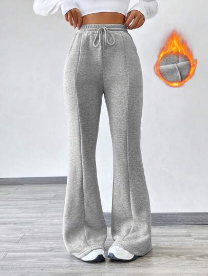 SHEIN MOOSTA Casual Solid Color Drawstring Waist Fleece Lined Flared Pants, Autumn Winter thumbnail