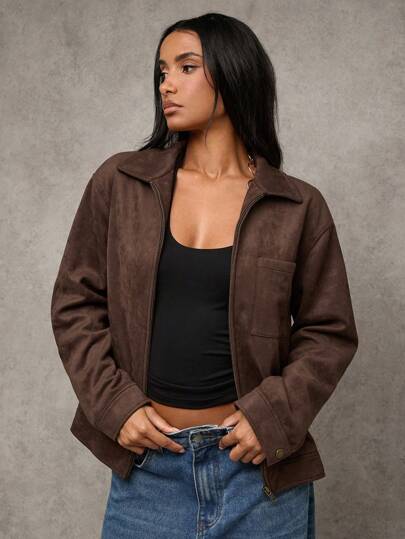 SHEIN BAE Women's Solid Color Zip-Up Casual Versatile Long Sleeve Jacket Vintage Chocolate Brown Suede Zippered Leather Jacket Christmas Clothes Women Thanksgiving Outfit Women Winter Clothes For Women Leather Jacket Ropa De Invierno Mujer Jackets Winter Clothes Christmas Outfit Women thumbnail