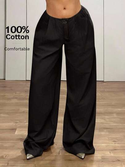 SHEIN ICON Ultra Low Rise Vintage Loose Wide Leg Extra Long Pants Work Pants thumbnail