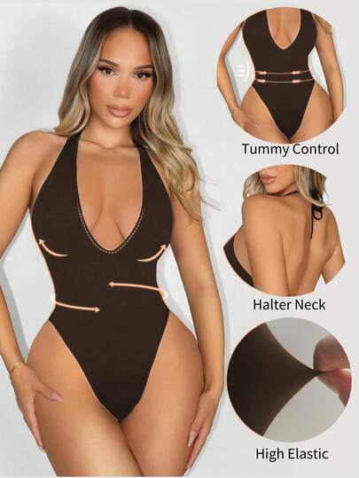 Sirith Seamless Backless Halter-Neck Bodysuit, Solid Color thumbnail