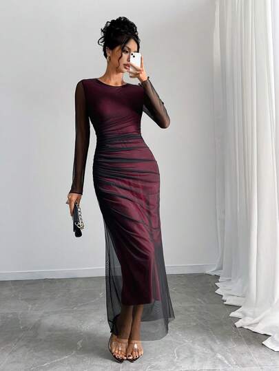 SHEIN Raffinéa Women Pleated Mesh Round Neck Long Sleeve Dress Burgundy Maxi Women Outfit thumbnail