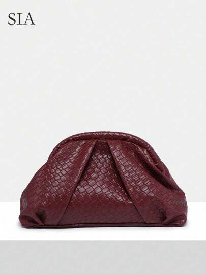 Women's Vintage Minimalist Beaded Sequin Tropical Plant Woven Embossed Angola Red Rivet Decor Large Capacity Pleated Cloud Clip Clutch Handbag, Suitable For Parties, Outings, And Daily Wear , New Year thumbnail