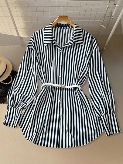 SHEIN Clasi Women's Front Button Long Sleeve Striped Minimalist Blouse, Casual Everyday Wear thumbnail