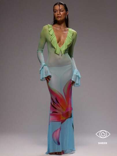 MUSERA Extreme Frill Plunge Front Ruffle Sleeves Floral Printed Fitted Elegant Maxi Dress For Spring Summer Vacation Wedding Guest ,Summer Dresses For Women Ibiza Holiday Beach Wedding Guest, Elegant, Birthday, Christmas, Fall, Winter thumbnail