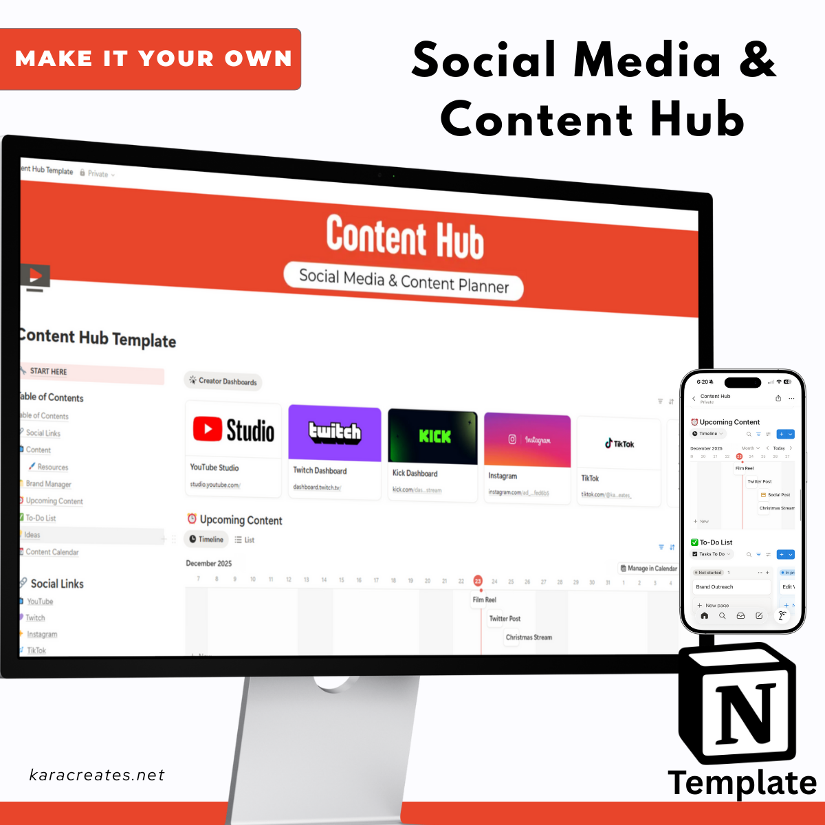 Social Media & Content Creator Notion Template | Planner for Streamers, YouTubers, Influencers — Kara Creates thumbnail