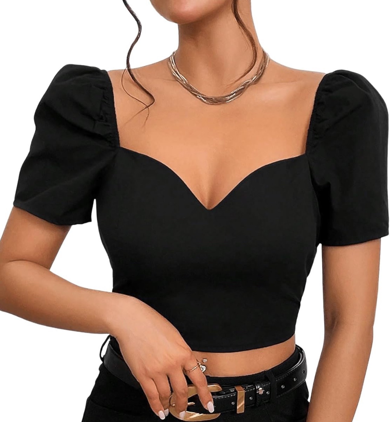 SweatyRocks Women's Short Puff Sleeve Sweetheart Neck Top Casual Solid Slim Fit Crop Blouse at Amazon Women’s Clothing store thumbnail