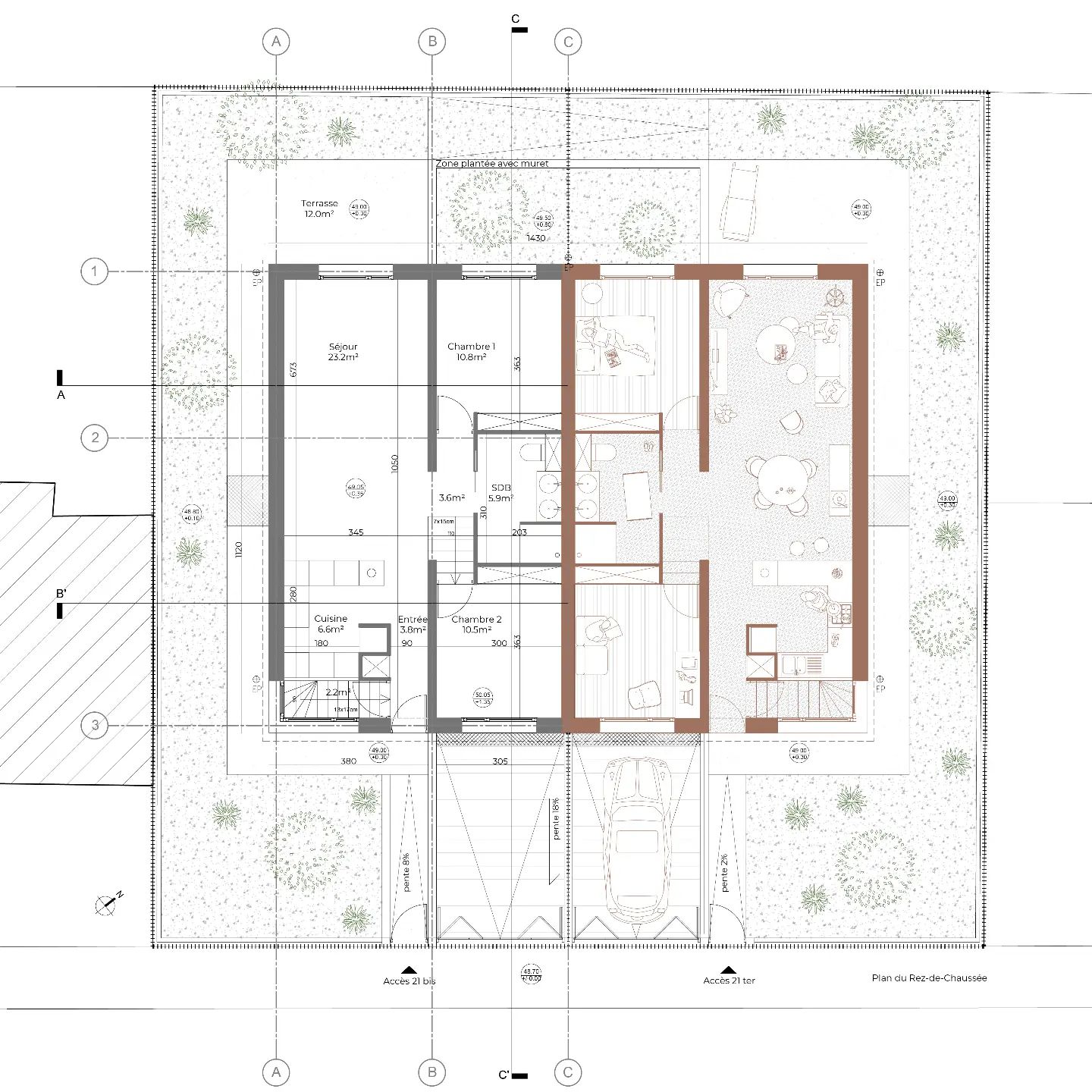 PASSION BRIQUE 
Deux maisons mitoyennes, un plan, deux modes de représentation, conventionnel vs usages