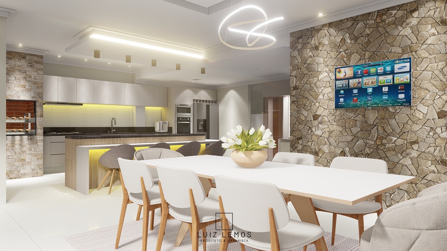 - Projeto de uma cozinha gourmet integrada, estilosa e moderna.