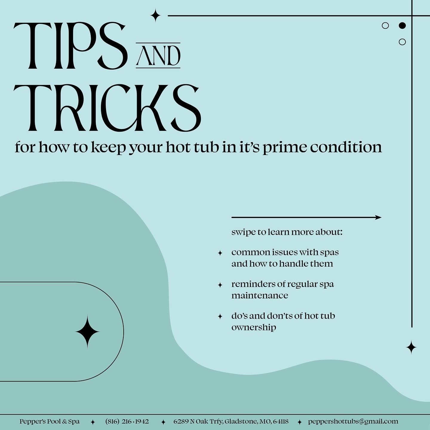 💡Need some pointers on good hot tub care? We got you covered! 

✨Heres a couple tips,tricks and other helpful info on co