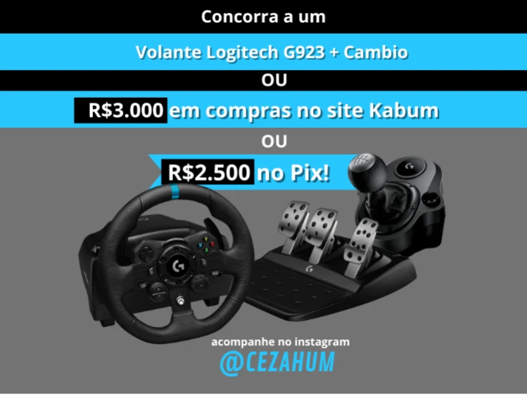 Ação: Volante Logitech G923 + Cambio ou R$2.500 no Pix! thumbnail