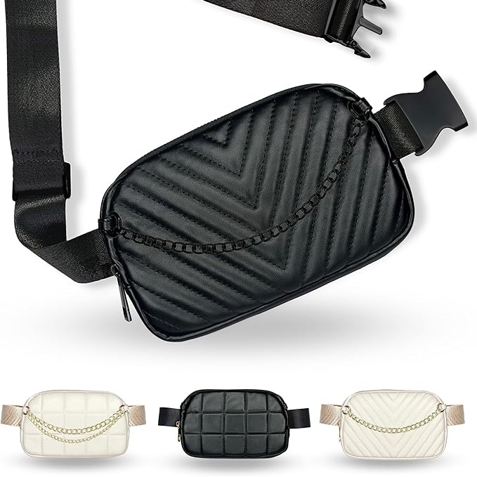 Amazon.com | Boutique Luxury Chain Belt Bag | Crossbody Bag Leather Fanny Pack for Women Fashionable | Cute Everywhere Bum Hip Waist Pack | Small Travel Fashion Chest Bag (Extended Strap, Black Midnight | Chevron) | Waist Packs thumbnail